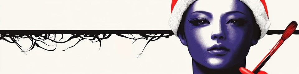 Mystical Santa Hat Woman Red Umbrella Abstract Art Noir Illustration Purple Face Line Art Surreal Design Modern Festive Christmas Fashion Minimalist