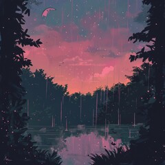 Rain falling on a lake with a forest in the background under a pink and purple sky
