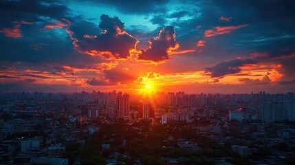 A vibrant sunset casts a warm glow over a sprawling city skyline.