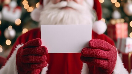 2410_058.festive macro shot, father christmas displaying note, fuzzy red costume texture, out-of-focus gift boxes, sparkling backdrop, warm and cool tones, intimate holiday composition, anticipation