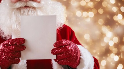 2410_058.festive macro shot, father christmas displaying note, fuzzy red costume texture, out-of-focus gift boxes, sparkling backdrop, warm and cool tones, intimate holiday composition, anticipation