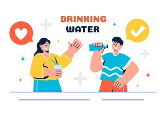 Vector Illustration of People Drinking Water from Plastic Bottles and Glasses, Featuring a Pure and Fresh Concept in a Flat Style Cartoon Background