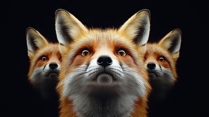 Fototapeta premium Majestic Trio of Red Foxes with Intense Gaze Against a Dark Background in Stunning Detail