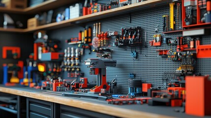 Fototapeta premium Close up of organized workspace with tools and equipment on a workbench and pegboard wall