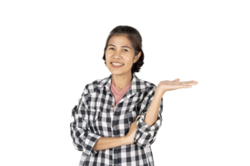 A woman in a checkered shirt gesturing with one hand raised, appearing to be explaining or presenting something, set against a white background.