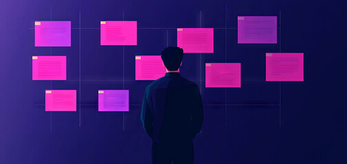 A person stands before a digital board displaying vibrant pink notes, exploring ideas in a creative workspace.