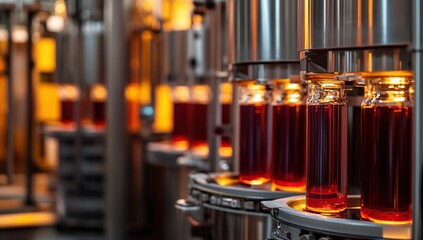 Obraz premium A close-up view of glass bottles being filled with a dark liquid on a factory assembly line.
