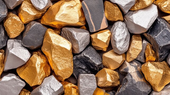 Colored stones, gold and silver hues, white isolated background