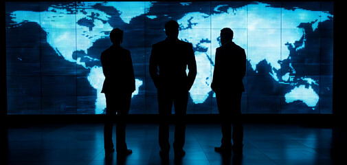 Silhouetted figures stand before a digital world map, suggesting themes of global connectivity, teamwork, and technology.