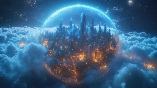 A futuristic city encased in a transparent dome, floating above the clouds, lit by a warm glow.