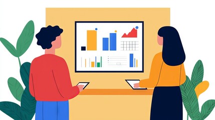 Two individuals analyze data on a screen, showcasing charts and graphs, while holding tablets, set against a colorful background.