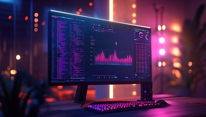 A computer monitor with a graph and data displayed on the screen in a dimly lit room with pink and blue lighting.