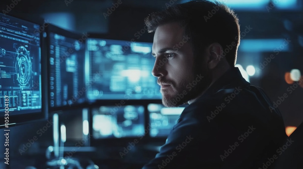 Poster focused man analyzing data on multiple computer screens