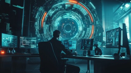 Modern Office with Futuristic Data Visualization