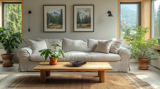 A cozy living room with a white couch, a wooden coffee table, two framed landscape photos, and two potted plants. The room has large windows with views of mountains and trees.
