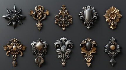 A collection of ornate, 3D-rendered decorative elements.