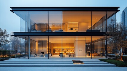 A modern, two-story glass and steel building with a minimalist interior, lit by warm light.