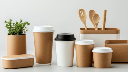 High-quality biodegradable paper cups and food boxes with minimalist branding, emphasizing environmental responsibility for coffee shops and food trucks