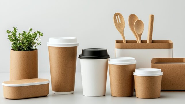 High-quality biodegradable paper cups and food boxes with minimalist branding, emphasizing environmental responsibility for coffee shops and food trucks