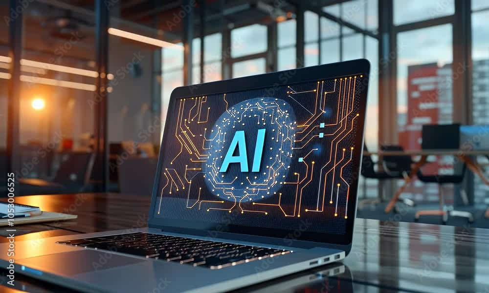 Wall mural ai technology concept with laptop and hologram icon of artificial intelligence, text ai on the scree