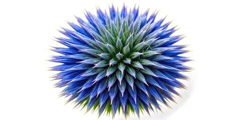 Obraz premium Top-down perspective of the vibrant blue globe thistle (Echinops bannaticus) blooms, isolated on a white background, ideal for creative design and decoration.