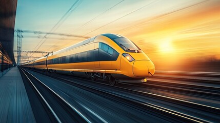 Fototapeta premium A high-speed train races through the sunset. This image evokes speed, travel, and the beauty of modern transportation.