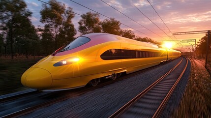 Naklejka premium A high-speed train speeds through the countryside. The train is a symbol of modern transportation and travel.