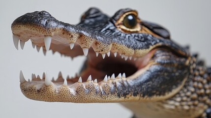 Obraz premium Isolated crocodile head with open mouth, sharp teeth bared, rugged skin texture visible, set against a white backdrop. crocodile focus, sharp details