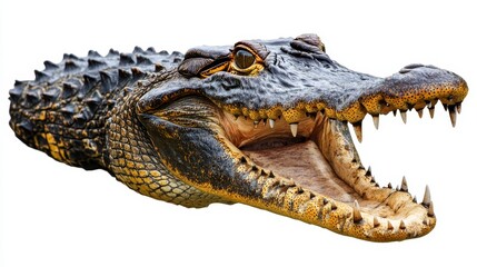 Fototapeta premium Isolated crocodile head with open mouth, sharp teeth bared, rugged skin texture visible, set against a white backdrop. crocodile focus, sharp details