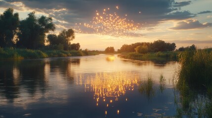 Fototapeta premium Serene Calm River with Colorful Reflections at Sunset