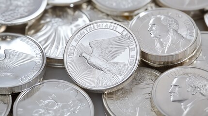 Silver coins, detailed view, white isolate background