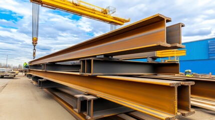 Stacked Steel Beams at Construction Site Under Crane