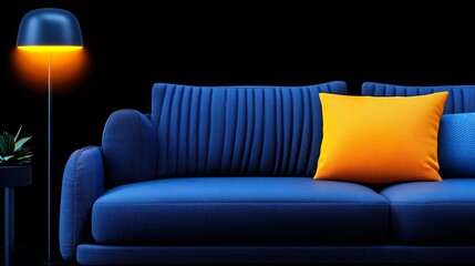 Modern Living Room: A cozy living space with a sleek, modern sofa in a deep blue hue, adorned with a bright yellow pillow. The warm glow of the lamp casts a soft, inviting light on the scene.