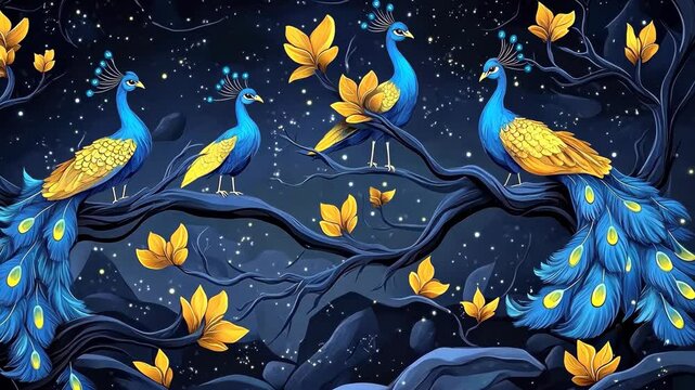 Four peacocks are perched on branches against a dark blue night sky with a starry background