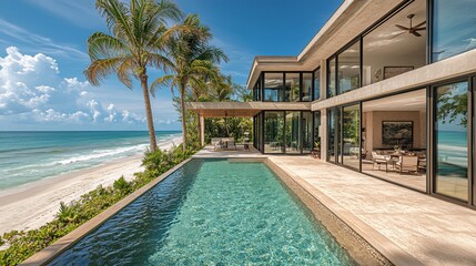 Fototapeta premium A modern luxury villa with a swimming pool overlooking the ocean and a sandy beach.