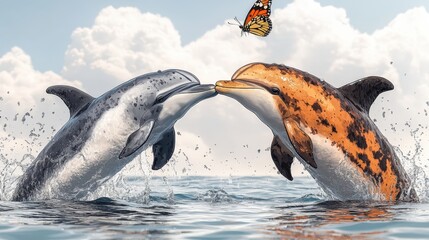 Obraz premium Vibrant Dolphins at Play in Ocean Waves with Majestic Monarch Butterfly Soaring in Cloudy Sky | Marine Life, Wildlife, Nature Scene, Oceanic Harmony