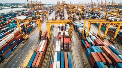 Aerial View of Busy Shipping Container Terminal