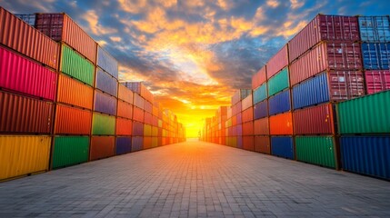 Fototapeta premium Vibrant Sunset Over Shipping Containers in Storage Yard