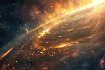 Glowing planet with moons in deep space surrounded by fiery nebula and bright stars