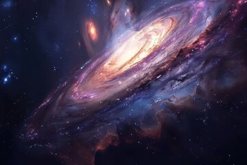 Colorful spiral galaxy with glowing center and dust formations