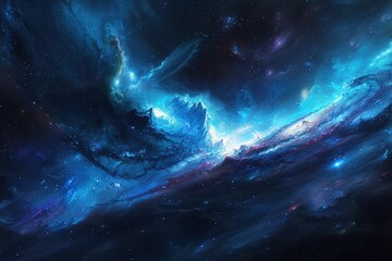 Majestic Blue Nebula with Glowing Star Clusters