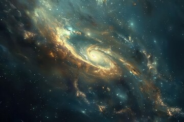 Glowing spiral galaxy with bright center and dark dust patches in deep space.