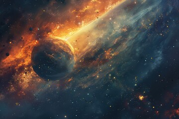 Glowing planet in deep space surrounded by stardust and cosmic nebulae.