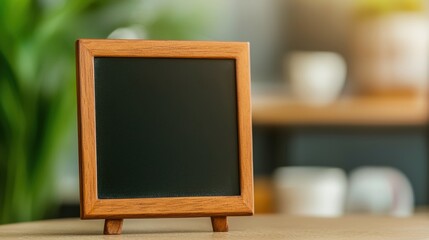 A small, wooden framed chalkboard stands on a table, set against a blurred background of soft colors, perfect for messages or decorative notes.