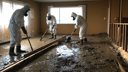 Three workers in protective suits and boots clean up mud and debris inside a flooded house.