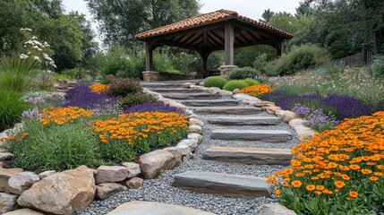 Fototapeta premium Serene garden path leading to a gazebo surrounded by colorful flowers.