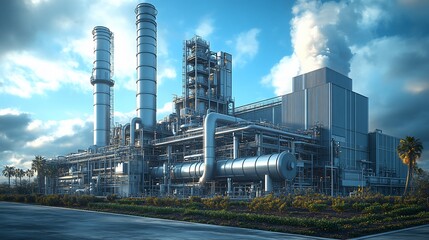 Obraz premium A large industrial plant with tall smokestacks and a complex network of pipes and machinery.