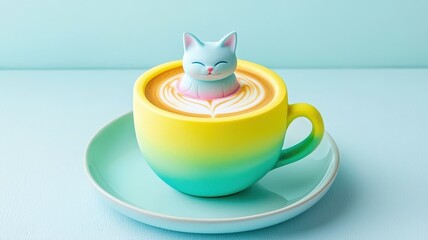 Colorful latte art with a cute cat figure, served in a vibrant cup on a pastel background.