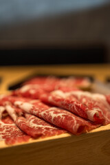 Premium Japanese wagyu beef sliced. Selective focus