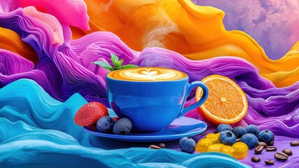 Vibrant coffee cup with fruits on colorful abstract background.